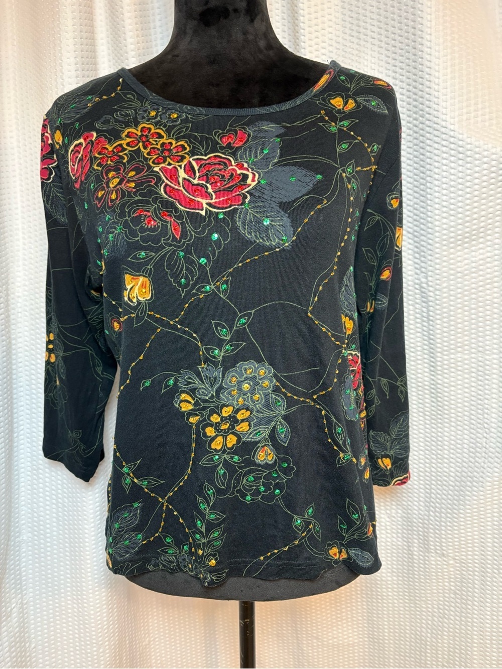 Take Two Black Embroidery & Sequine Floral 3/4 Sleeve Blouse Romantic Goth XL